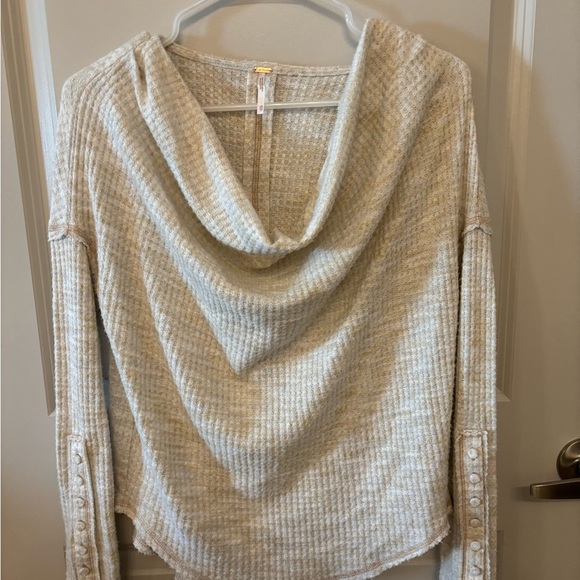 Free People cream tan cowl neck oversized waffle knit sweater size S - Picture 14 of 16